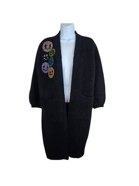 Beaded Smile Black Open Front Cardigan Coat Pockets Womens M Angora Soft